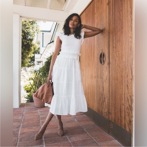 Cleobella Dresses & Skirts - Cleobella Emmy White Eyelet Embroidered Ruffle Smocked Cotton Midi Dress Size M